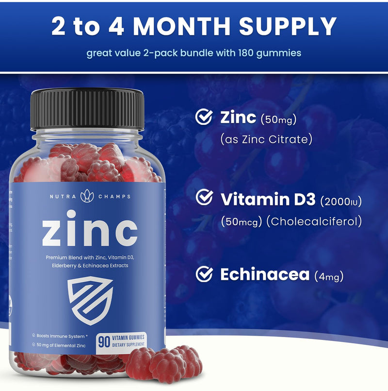 NutraChamps 4-in-1 Zinc Gummies, 50mg Chewable Zinc Supplement Gummies with Vitamin D3 2000 IU, Elderberry & Echinacea, Immune, Heart & Brain Support, 180 Count (Pack of 2)