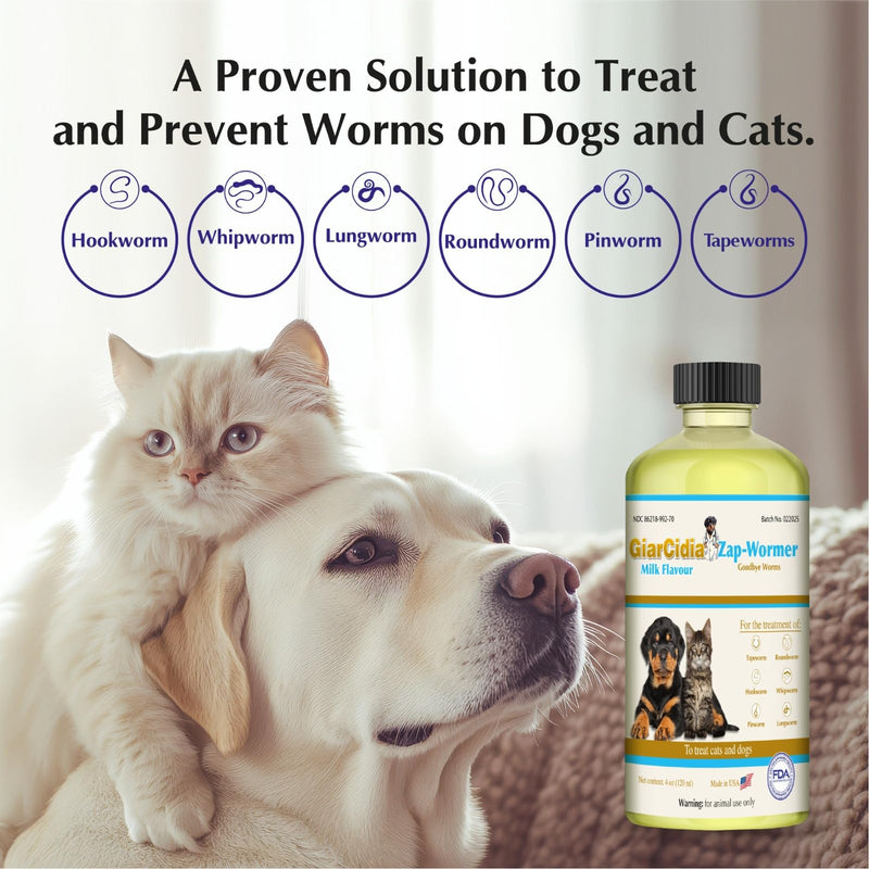 No More Worms in Cats and Dogs- Dewormer for Cats and Dewormer for Dogs - Chicken and Milk Flavours 120 mL / 4 oz Glass Bottle – Includes 3 mL Dropper with Cap (Milk Flavor) Milk Flavor