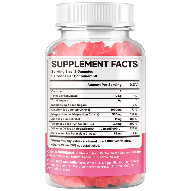 2 Pack Calcium Citrate Gummies 1000mg w/Vitamin D3, High Absorption Calcium Gummies for Women & Men, Plus Magnesium, Potassium, Zinc for Muscle & Immune Support, Raspberry Flavor, 120 Count 60 Count (Pack of 2)
