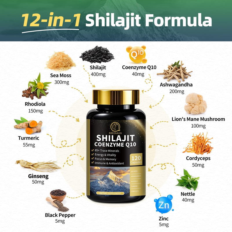 Shilajit for Men, Sea Moss and Shilajit Bundle, All in 1 Supplements with Coenzyme Q10, Black Seed, Ashwagandha, Taurine, Burdock for Energy, Endurance, Antioxidant & Immune Support, 240 Capsules 120 Count (Pack of 2) - BeesActive Australia