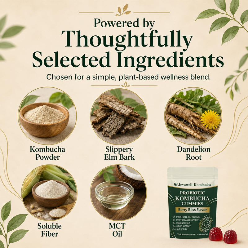 1PCSJevawell Kombucha Gummies,Enhance Immunity,60 Gummies | Jevawell Probiotic Kombucha Gummies - Prebiotics,Probiotics,Postbiotics,Slippery Elm Bark,Mct Oil for Daily Gut and Digestive 1
