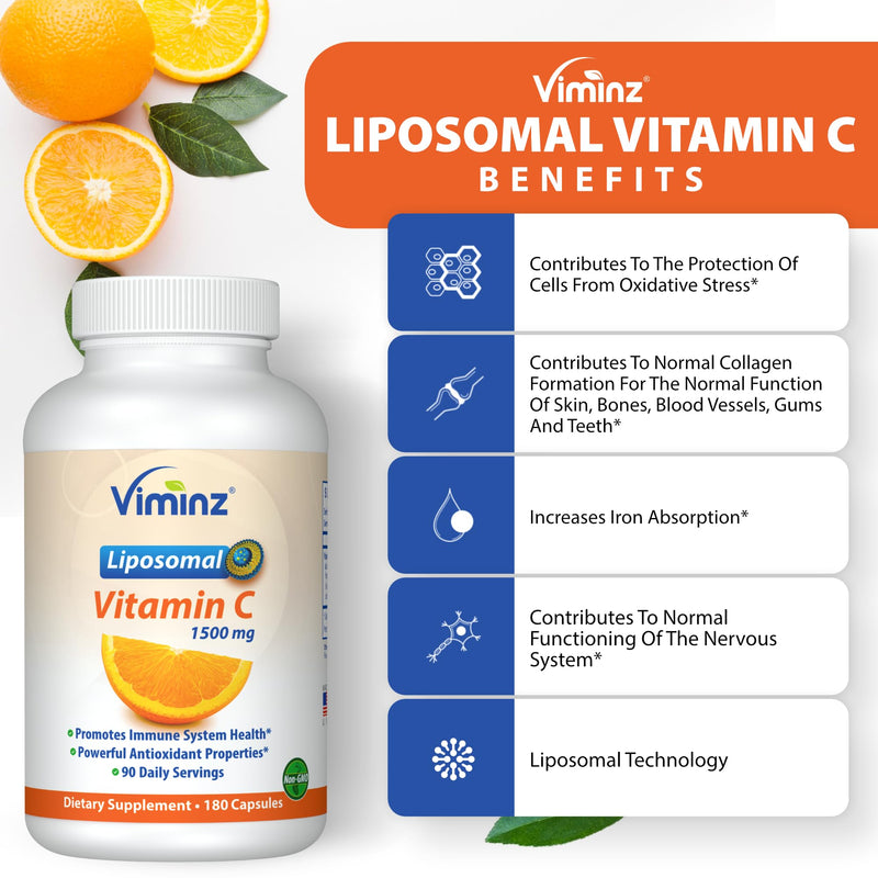Liposomal Vitamin C 1500mg – 180 Capsules – Made in USA – High Absorption Immune & Collagen Support – Bioavailable Antioxidant Formula – Non-GMO, Gluten Free & Soy Free