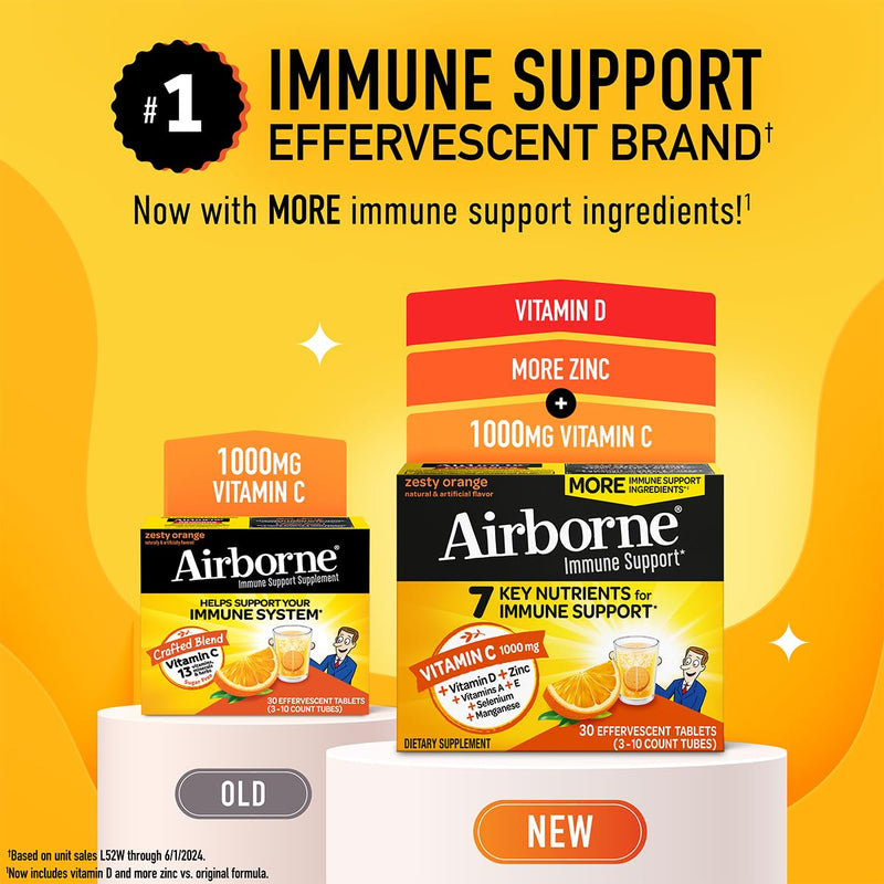 Airborne 1000mg Vitamin C + Zinc Sugar Free Multivitamin Immune Support Effervescent Fizzy Drink Tablets, Zesty Orange Flavor with Powerful Antioxidants Vitamins A C & E, 30 Tablets (2 Pack) 30 Count (Pack of 2)