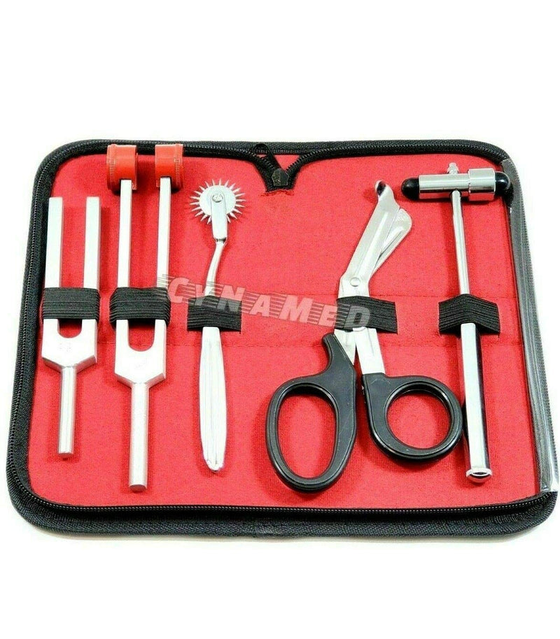5 Piece Student Diagnostic Kit - Reflex Neurological Buck Hammer And Tuning Fork Set C 128 And C 512. Includes Wartenberg Pinwheel, Premium Steel Bandage Scissor 7.5” Black