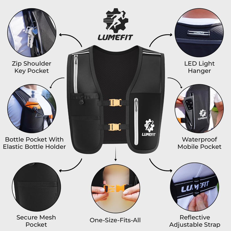 LUMEFIT Running Vest Phone Holder - Hydration Vest with Water Bottle- Reflective Vest for Men and Women- Running Hydration Vest Waterproof Phone Pouch Black