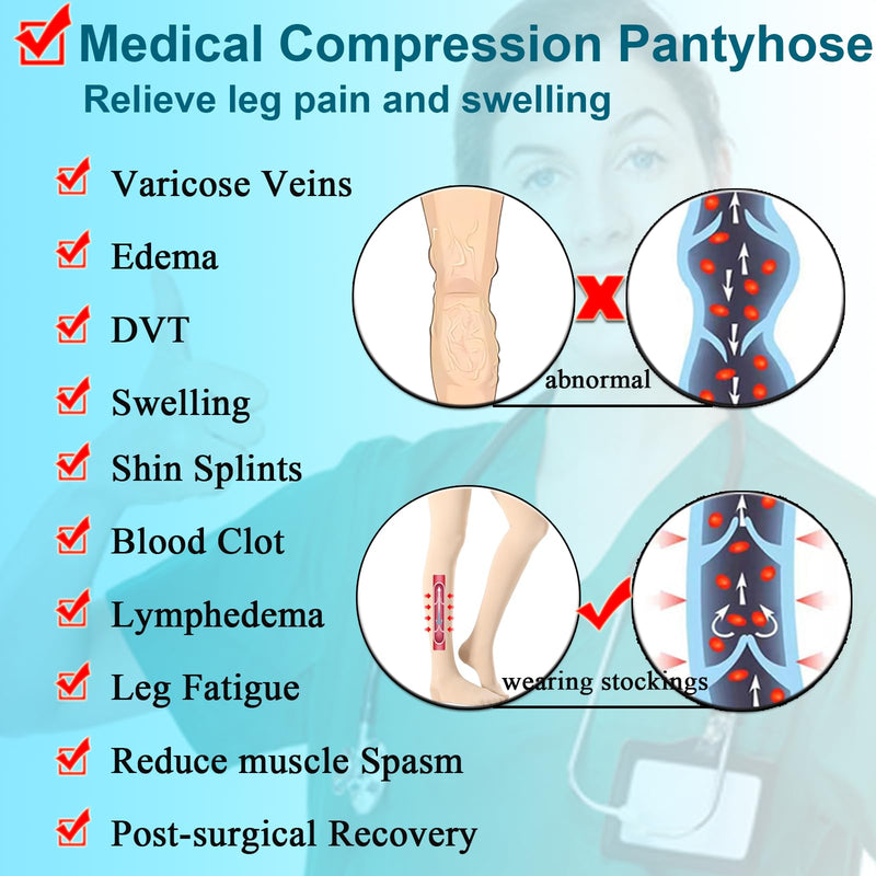 Medical Compression Pantyhose For Women & Men,20-30 mmHg Medical Grade Support Hose Tights For DVT,Pregnancy,Varicose Veins,Relief Shin Splints,Edema,Swelling Open Toe Black Medium