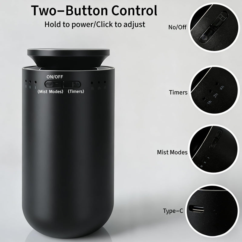 Waterless Essential Oil Diffuser, Battery Operated Nebulizer (0.5 Fl.Oz./15mL Capacity), 3 Countdown Timers & 3 Mist Levels, Mini Scent Air Machine for Home Car Office,Black - BeesActive Australia