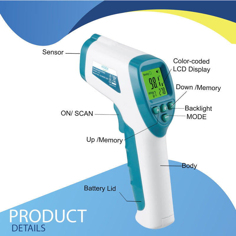 Elate Forehead Thermometer | Digital Infrared No-Touch Thermometer for Adults, Kids, and Infants | with Fever Alarm | Home Medical Grade for Nurse Accessories | Newborn Essentials Blue