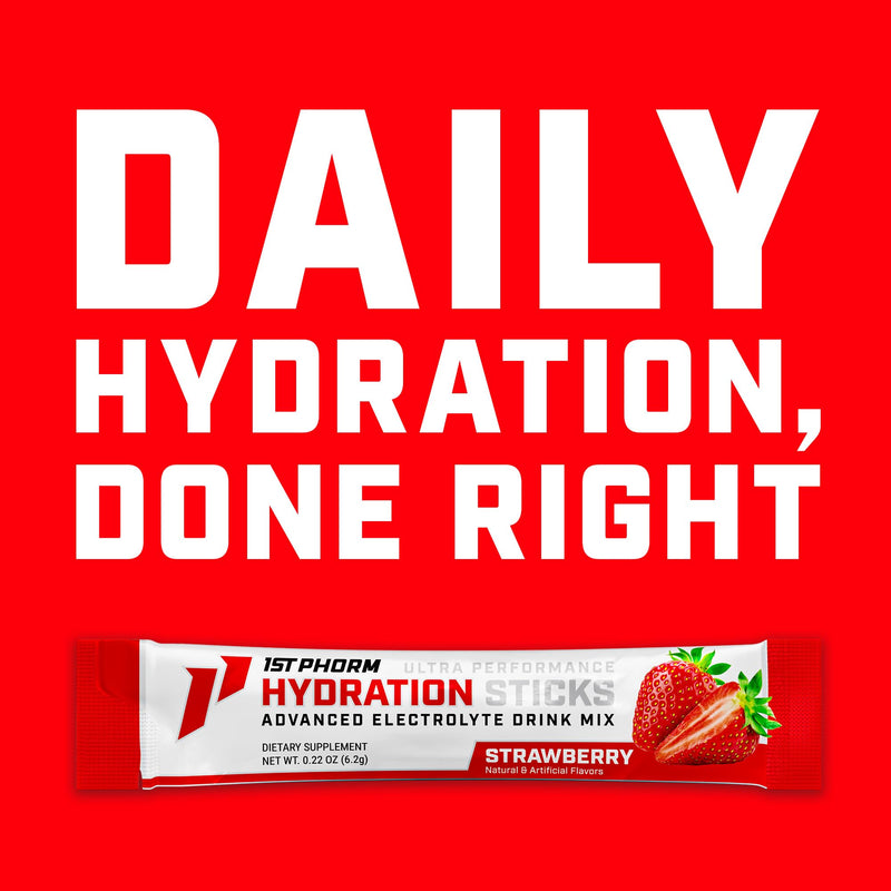 1st Phorm Hydration Sticks, Strawberry, Electrolyte Drink Mix, 20 Ct | With Vitamin D & Calcium, 1150mg Electrolytes & Vitamins Per Stick, NSF Certified, Zero Sugar, Travel-Ready Stick Packs Strawberry (Daily)