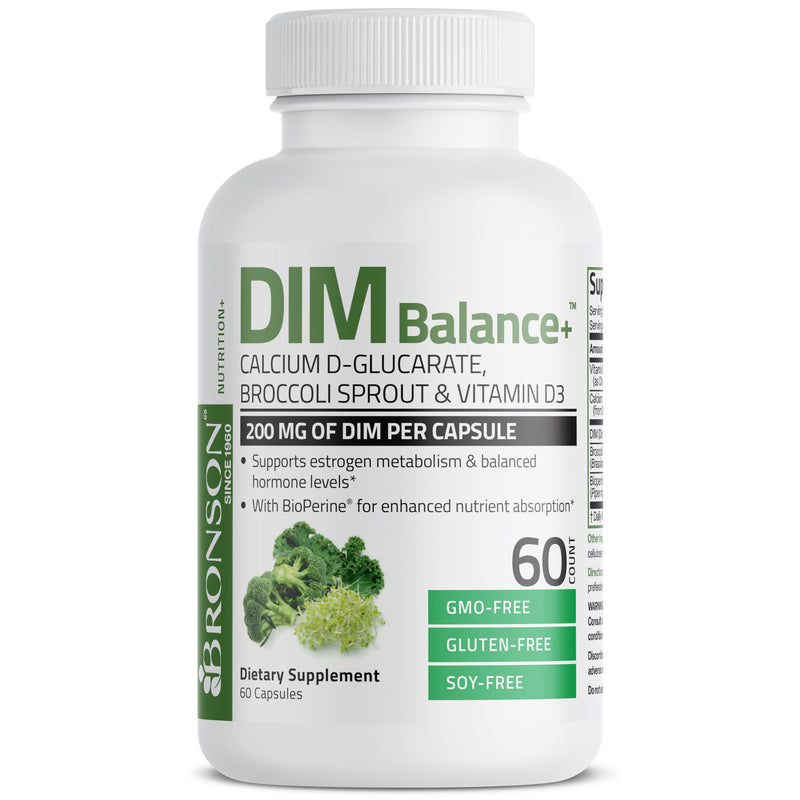 Bronson DIM Balance+ 200 mg & Calcium D-Glucarate, 60 Vegetarian Capsules | Broccoli Sprout, Vitamin D3 & BioPerine, Estrogen Metabolism & Balanced Hormone Support, Non-GMO, Gluten-Free & Soy-Free 60 Count (Pack of 1)