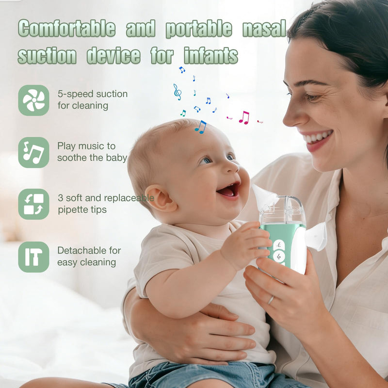 Smart Baby Nasal Aspirator, 2-in-1 Electric Nose Sucker for Toddlers with Spray, 5-Level Suction, Soothing Music, 2 Silicone Tips, USB-C Charge, Storage Case | Nasal Aspirator for Baby (Olive Green) - BeesActive Australia