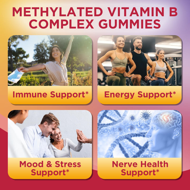Methylated Vitamin B Complex Gummies for Women & Men with Vitamin B1, B2, B3, B5, B6, B7, B9, B12 & Magnesium, Omega-3, CoQ10, Supports Brain Health, Energy, Immune, Sugar Free, Fruit Flavor, 120ct Mixed Fruit 60 Count (Pack of 2)
