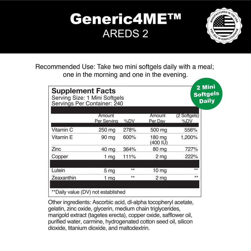 AREDS 2 SoftGels, 500 mg Vitamin C, 400 IU Vitamin E, 10 mg Lutein, 2 mg Zeaxanthin, 80 mg Zinc, 2 mg Copper - Supports Eye Health - 240 Mini SoftGels (Four Month Supply) 240 Count (Pack of 1)
