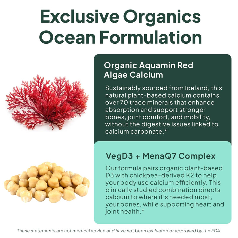 Organics Ocean Better Calcium - Organic Red Algae Calcium with Vitamin D3 and K2 Supplements - Supports Bone Structure, Joint Comfort & Encourages Healthy Aging - Plant-Based, Non-GMO - 1 Pack 60 Count (Pack of 1)