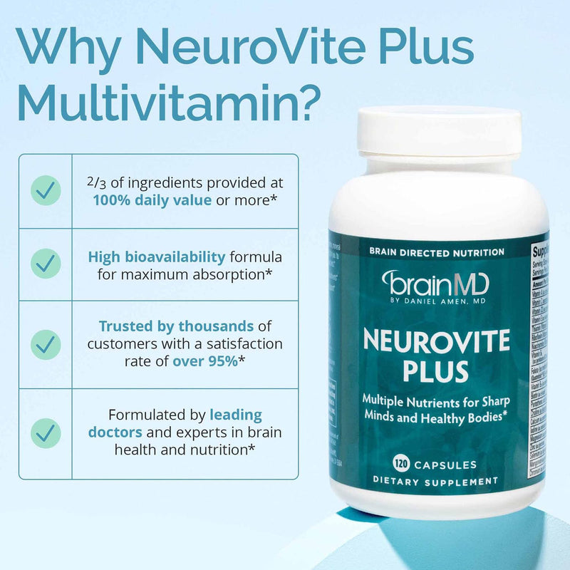 BRAINMD Dr Amen NeuroVite Plus - 120 Capsules - Multivitamin & Mineral Supplement, Enhanced with Phytonutrients, Enzymes & Whole Foods - Gluten Free - 30 Servings 30 Servings (Pack of 1)