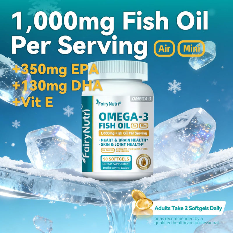 Omega-3 Fish Oil Softgels, 1000mg Per Serving, 350mg EPA + 130mg DHA, Heart & Brain Health Support, Air Mini Small & Easy to Swallow, 90 Count
