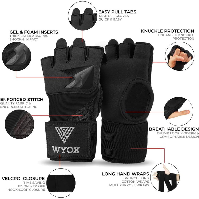 WYOX Gel Boxing Hand Wraps Inner Gloves for Men & Women, 80cm Quick Wrist Straps, Padded Knuckle Protection for Muay Thai Kickboxing, Hand Wraps for Boxing & Martial Arts Small-Medium Black