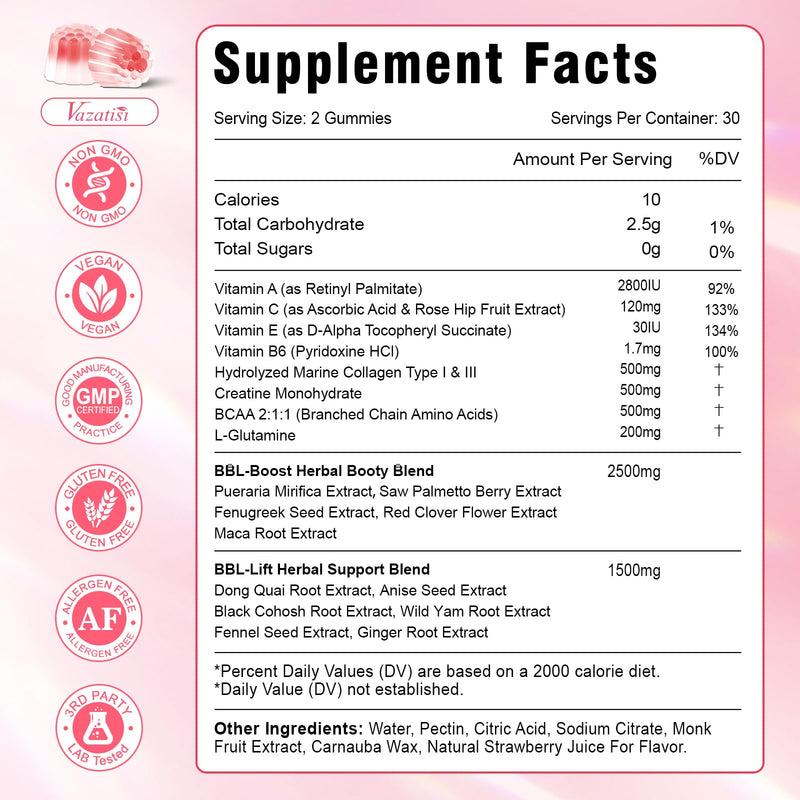 BBL Booty Gummies for Women – Sculpt, Lift & Firm Glutes – Creatine Monohydrate, Vitamins & Herbal BBL Blend - Boost Curves, Energy & Workout Recovery – Vegan, Non-GMO, 60 Cts 60 Count (Pack of 1)