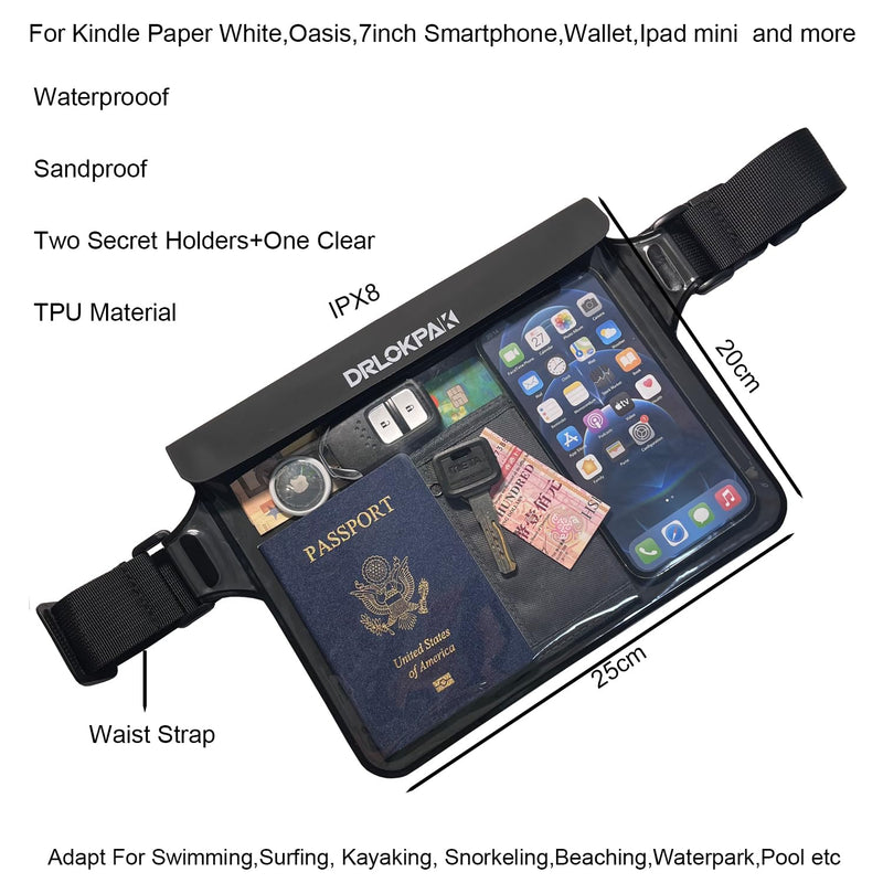 DRLOKPAK Waterproof Waist Pouch Fanny Pack Bum Bag Hip Pouch for Swim Surf Sail Snorkel Kayak Beach Pool to protect Wallet Passport Phone watch eReader mini tablet Dry (Black) Black