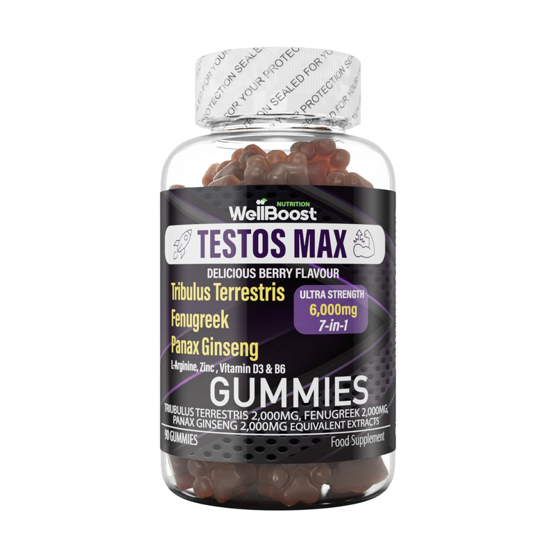 Testos MAX Strength Gummies - 6000mg 7-in-1 Tribulus, Fenugreek, Ginseng, L-Arginine, Zinc, Vitamin D3 & B6 - Vegan, Sugar-Free, Berry Flavour - Supports Muscle Growth & Vitality for Adults