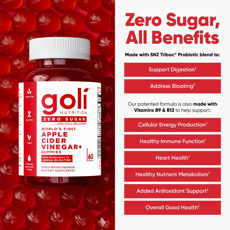 Goli Zero Sugar Apple Cider Vinegar Gummies - Vitamin B12, Probiotics to Address Bloating. No Artificial Sweeteners, No Sugar Alcohols. Vegan, Plant Based, Non-GMO, Gluten-Free & Gelatin Free. (1) - BeesActive Australia