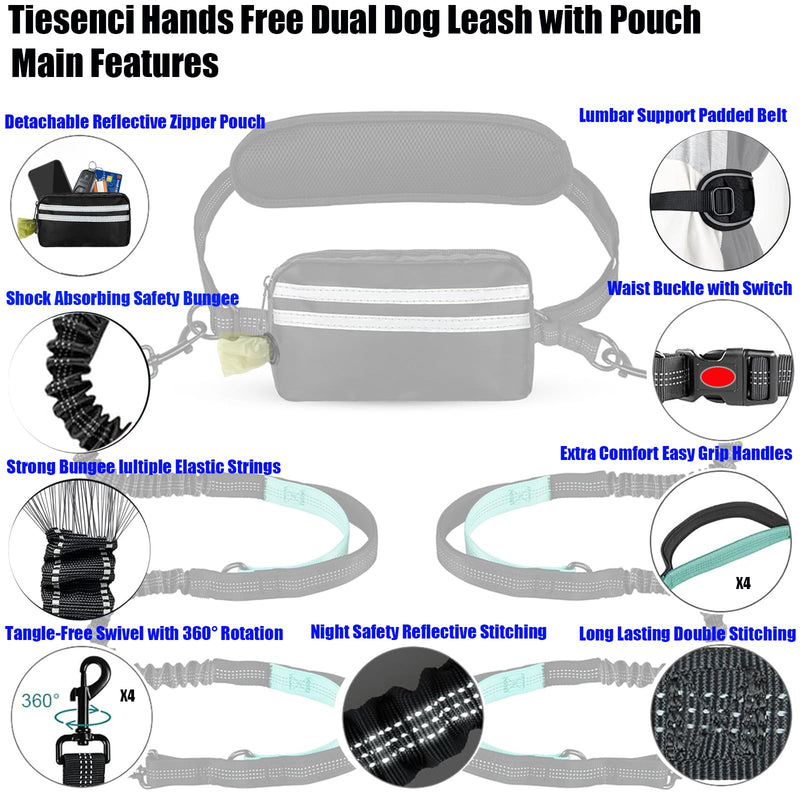 Hands Free Dog Leash Waist & Crossbody for Walking, No Pull Heavy Duty Bungee Double Dog Leash for Two Dogs with Pouch, Padded Handles & Reflective for Large Medium Dogs, Black 2 Leashes Black/Blue