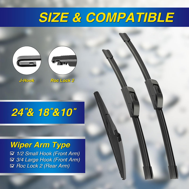 5 PLUS® Windshield Wiper Blades Replacement for 2023-2018 Jeep Compass Windshield Wipers (Pack of 3), Automotive Replacement Windshield Wiper Blades For My Car Water Repellent-24"/18"/10" 24"+18"+10AP(HOOK)