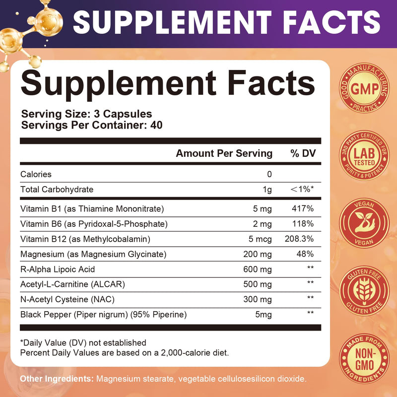 Migcopat R Alpha Lipoic Acid 600mg Neuropathy Supplement 120 Caps | ALCAR, NAC, Magnesium & Active B-Vitamins | Antioxidant for Energy & Nervous System, Non-GMO, Vegan