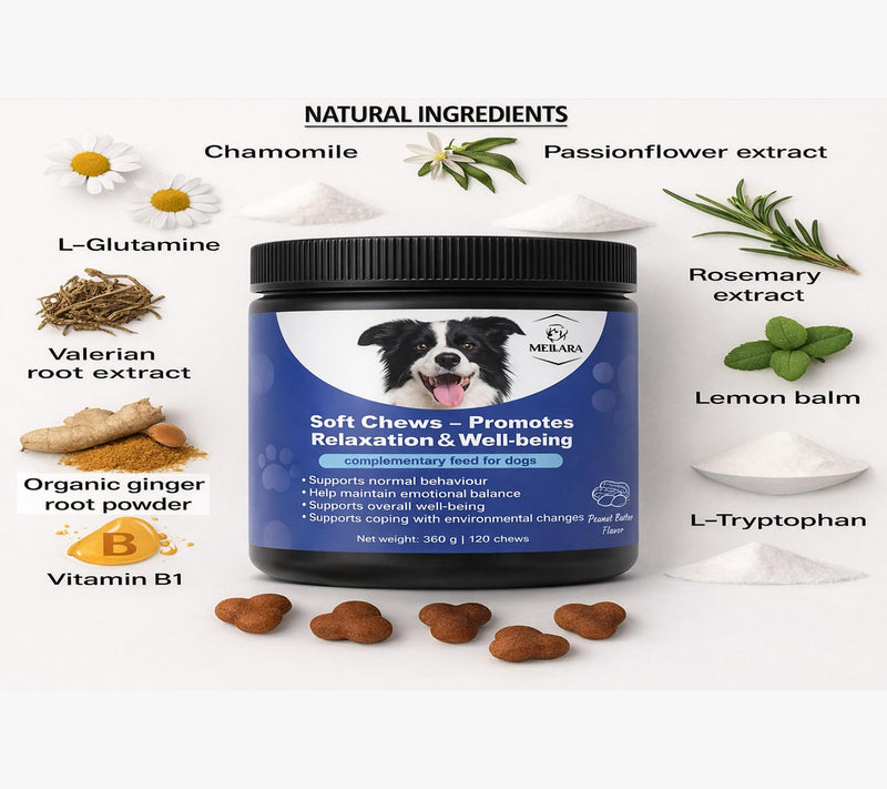 Calming Treats for Dog Anxiety & Stress Natural Calming Chews with Chamomile & Valerian Root, Allergen/Meat Free. Helps Barking, Aggression & Travel/vet's visits, Fast & Non-Drowsy, Peanut Butter 360g