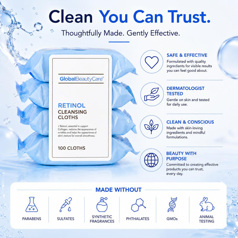 Global Beauty Care Retinol Waterproof Makeup Remover Facial Cleansing Wipes | Supports Firmer-Looking Skin, Removes Waterproof Makeup, Oil & Dirt, Smooths Skin Texture, All Skin Types, 100 Wipes (4-Pack) 25 Count (Pack of 4)
