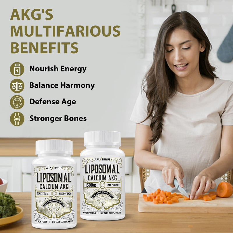 Liposomal Calcium AKG Supplement 1500 MG (Alpha-Ketoglutaric Acid), High Absorption, More Effective Than AAKG, Ca AKG for Longevity, Age Defense, Cellular Energy, Metabolic Function, 120 Softgels 60 Count (Pack of 2)