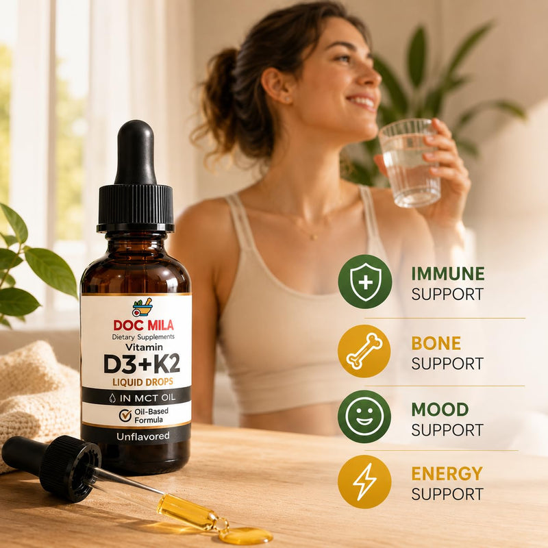 Vitamin D3 K2 Liquid Drops in MCT Oil – 5000 IU Vitamin D3 (125 mcg) + 100 mcg Vitamin K2 MK-7 – Unflavored – 60 mL – 30 Servings