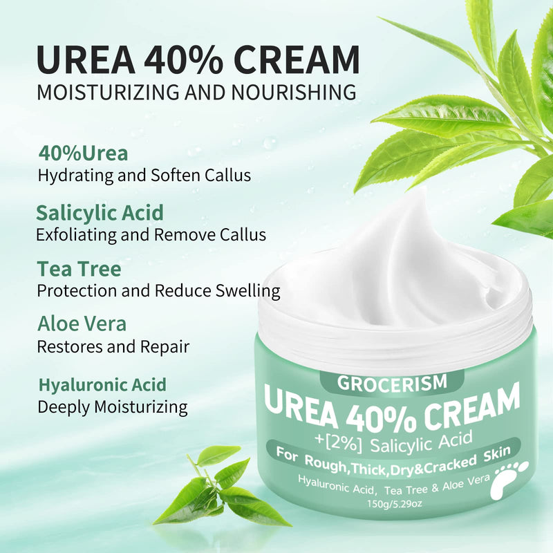 Grocerism Urea Cream 40 Percent For Feet Plus 2% Salicylic Acid 5.29 oz || Foot Cream and Hand Cream Maximum Strength with Hyaluronic Acid,Tea Tree,and Aloe Vera For Deep Moisturizes,Callus Remover 5.29 Ounce (Pack of 1) 40%