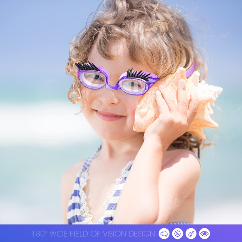 Konohan 2 Pieces Kids Swim Goggles Eyelashes Girls Funny Swim Goggle No Slip Leak Anti Fog UV Glasses for Lash Extensions 1 Purple, Dark Pink