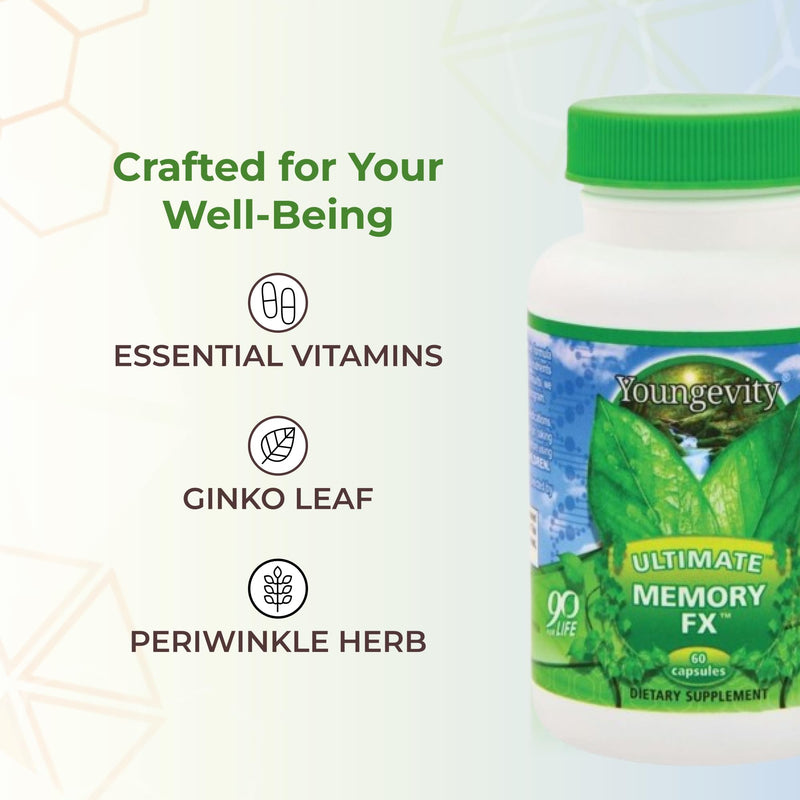 Youngevity Ultimate Memory FX Brain Health and Memory Support, 60 Capsules | Ginkgo leaf, periwinkle herb, vitamins B1, B2, B6, B12 and C, brain function, memory retention, cognitive health, 60 capsules