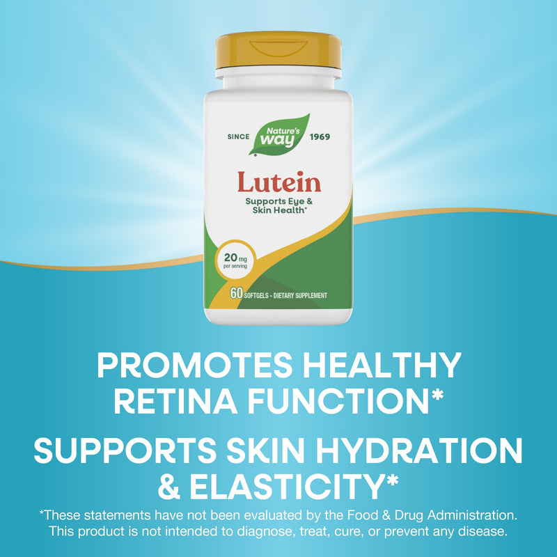 Nature's Way Lutein, Supports Eye & Skin Health*, 20 mg per Serving, 60 ct | Softgels Promote Healthy Retina Function*, Supports Skin Hydration & Elasticity*, 20 mg FloraGLO Lutein per Serving