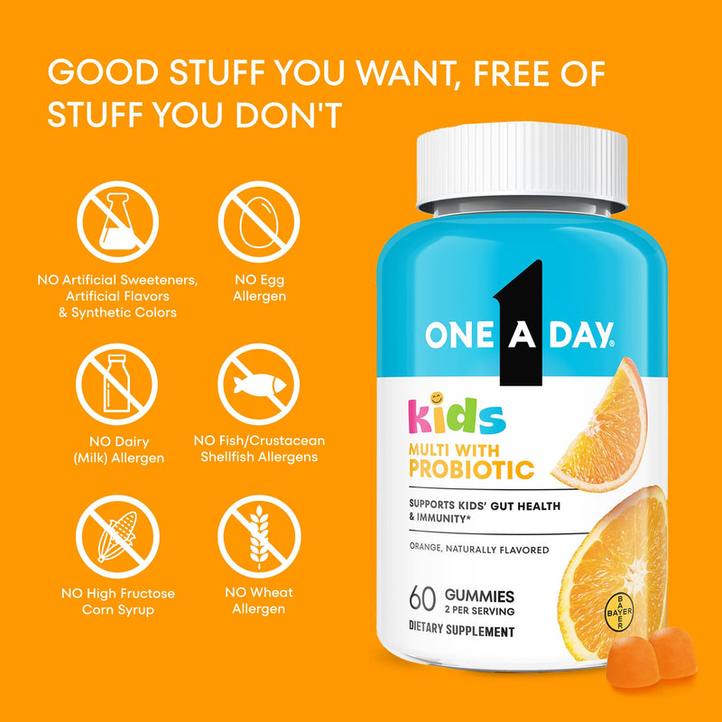 One A Day Kids Multivitamin with Probiotic, Multivitamin Gummies, Kids Probiotic for Digestive Health, Gummy Vitamins with Vitamin D for Immune Support, Orange Flavor, 60 Count