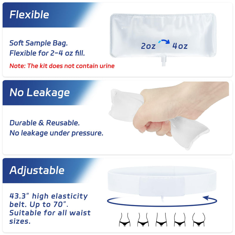 Urine Test Complete Kit – 2 oz to 4 oz Concealed Sample Bag with Adjustable Belt, 43.3” Hi-Stretch and Comfortable Belt, Urine Test Thermometer Stickers and Silicone Funnel White - BeesActive Australia