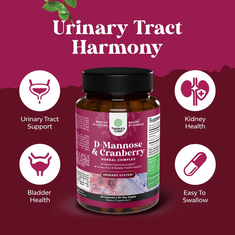 D Mannose with Cranberry Supplement - D Mannose 1000mg per Serving Capsules for Kidney Defense Support & Cleanse and Urinary Tract Health for Women & Men - Adults Bladder Health Supplement - 60 Count 60 Count (Pack of 1)