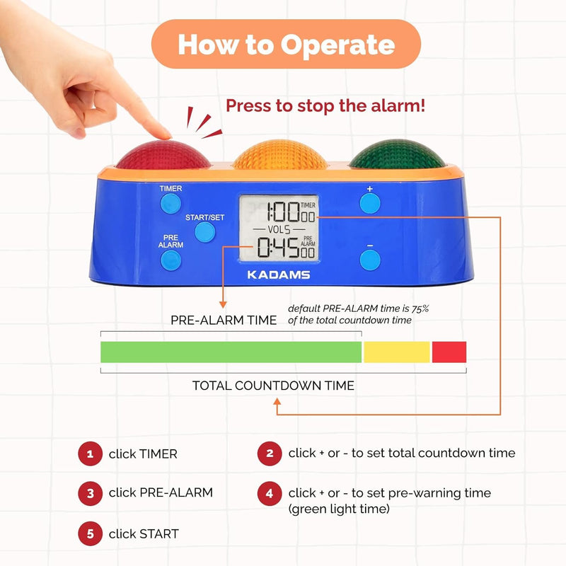 KADAMS Visual Timer for Kids with Pre-Alarm Stop Light Concept, Clock with Indoor Temperature, Kindergarten Classroom Teacher Must Have, Time Management Gifts for Kids, Toddlers, Kindergardeners,ADHD - BeesActive Australia