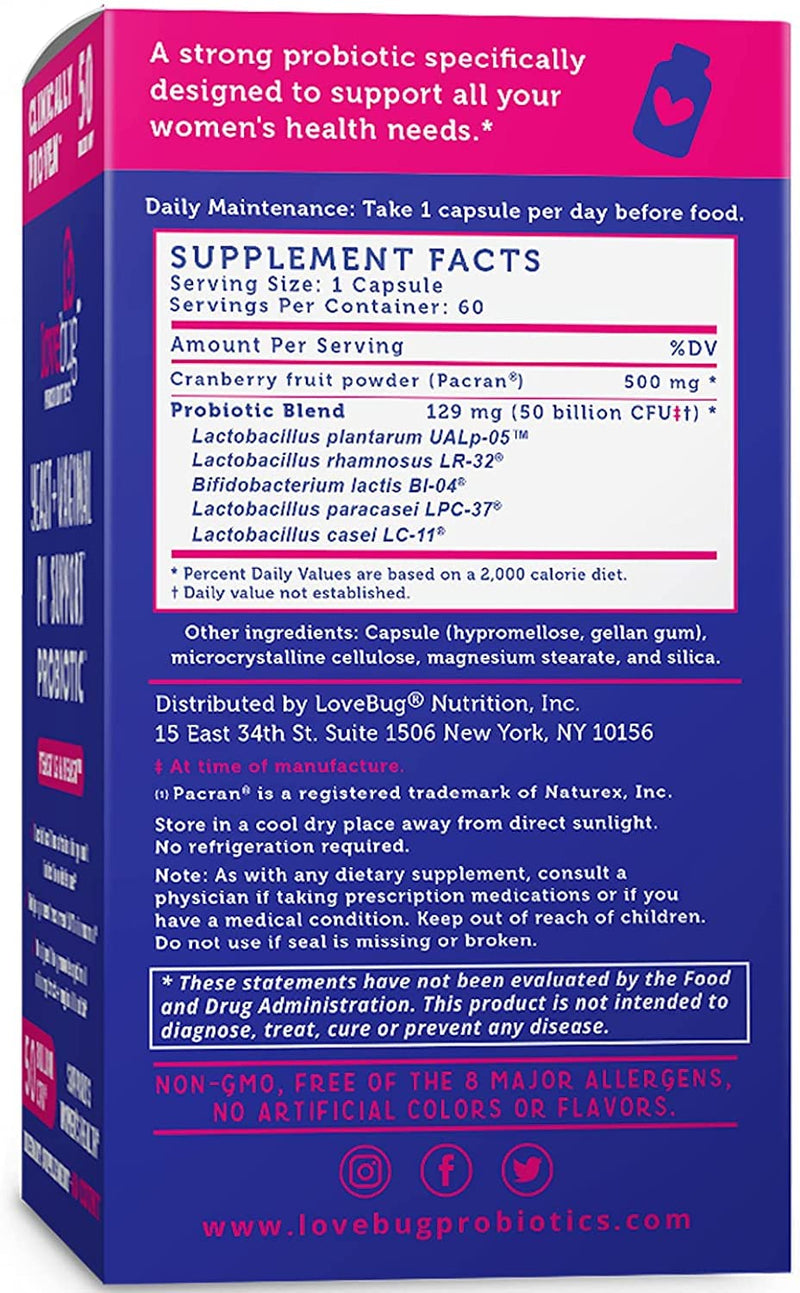 Lovebug Yeast + Vaginal pH Support | Clinically Studied Ingredients for Yeast & UTIs | Multi Strain 50 Billion CFU | 60 Capsules 60 Count (Pack of 1) - BeesActive Australia