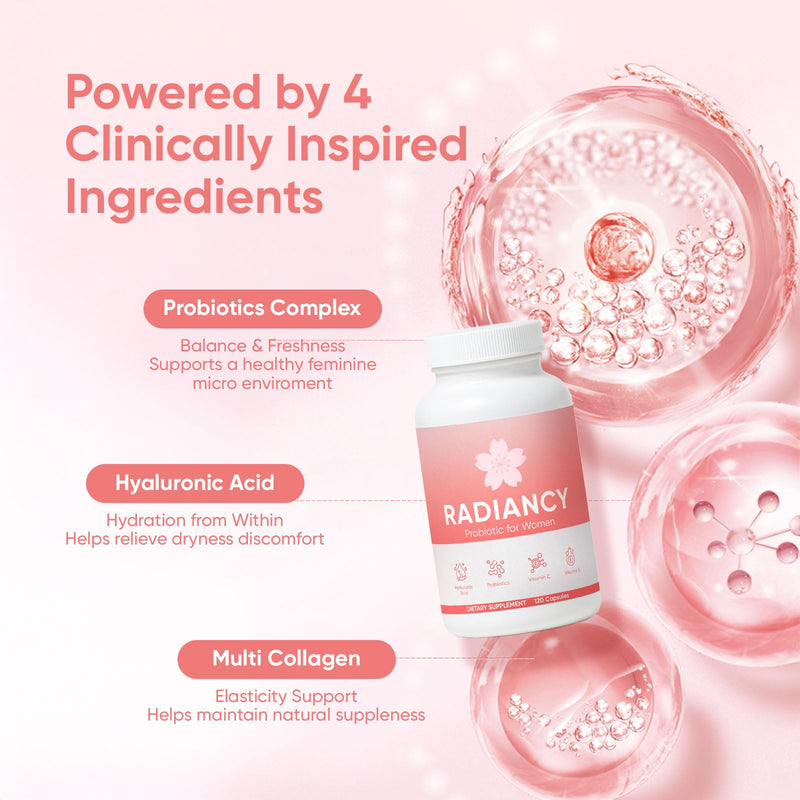 Radiancy Probiotic for Women Vaginal Health - Vaginal Dryness & Ph Balance with Lactobacillus Strains, Cherry Blossom Extract, Hyaluronic Acid, Vitamin C | 120 Count