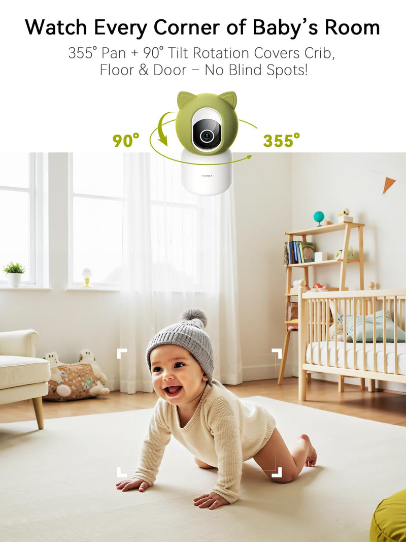 Outinput 2K 4MP WiFi Baby Monitor with Camera and Audio, App Control PTZ, Crying/Feeding/Temp/Humidity Alerts, Night Vision wtih Gentle Light, Soothing Lullabies for Baby Sleep, Cloud&Local Storage