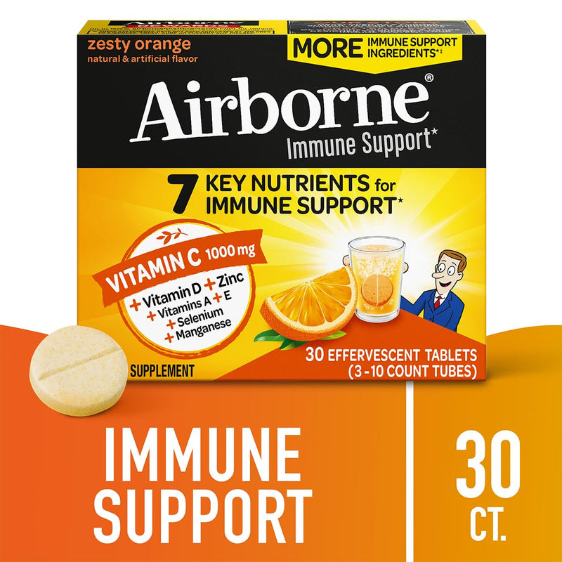 Airborne 1000mg Vitamin C + Zinc Sugar Free Multivitamin Immune Support Effervescent Fizzy Drink Tablets, Zesty Orange Flavor with Powerful Antioxidants Vitamins A C & E, 30 Tablets (2 Pack) 30 Count (Pack of 2)
