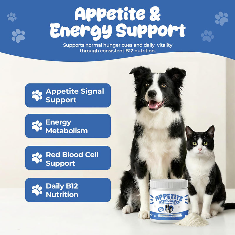 Appetite Stimulant Powder for Dogs & Cats, Vitamin B12 Supplement with Methylcobalamin, Supports Appetite, Energy & Daily Vitality, Dietary Supplement for Pets