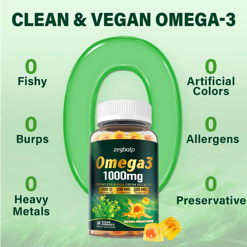 Omega-3 Supplement Gummies for Women & Men - 1000mg Vegan Omega3 | DHA & EPA with Turmeric, Vitamin D3, K2, Citicoline - Algae Oil Omega 3 Fatty Acid Supplements, Sugar-Free, Gluten Free Mango 60 Count (Pack of 2)