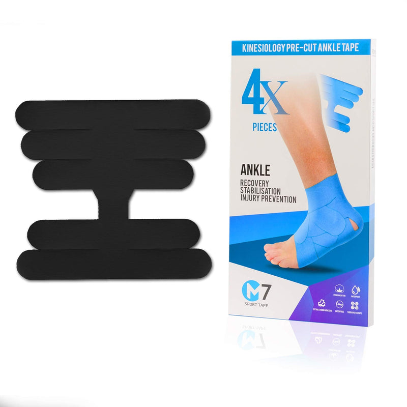 M7 Sport Kinesiology Tape for Ankle Sprain and Stability, Kt Tape for Ankle, Pain Relief Therapeutic Tape, Plantar Fasciitis, Waterproof, Eases Swelling (Black, 4-Pack) Black