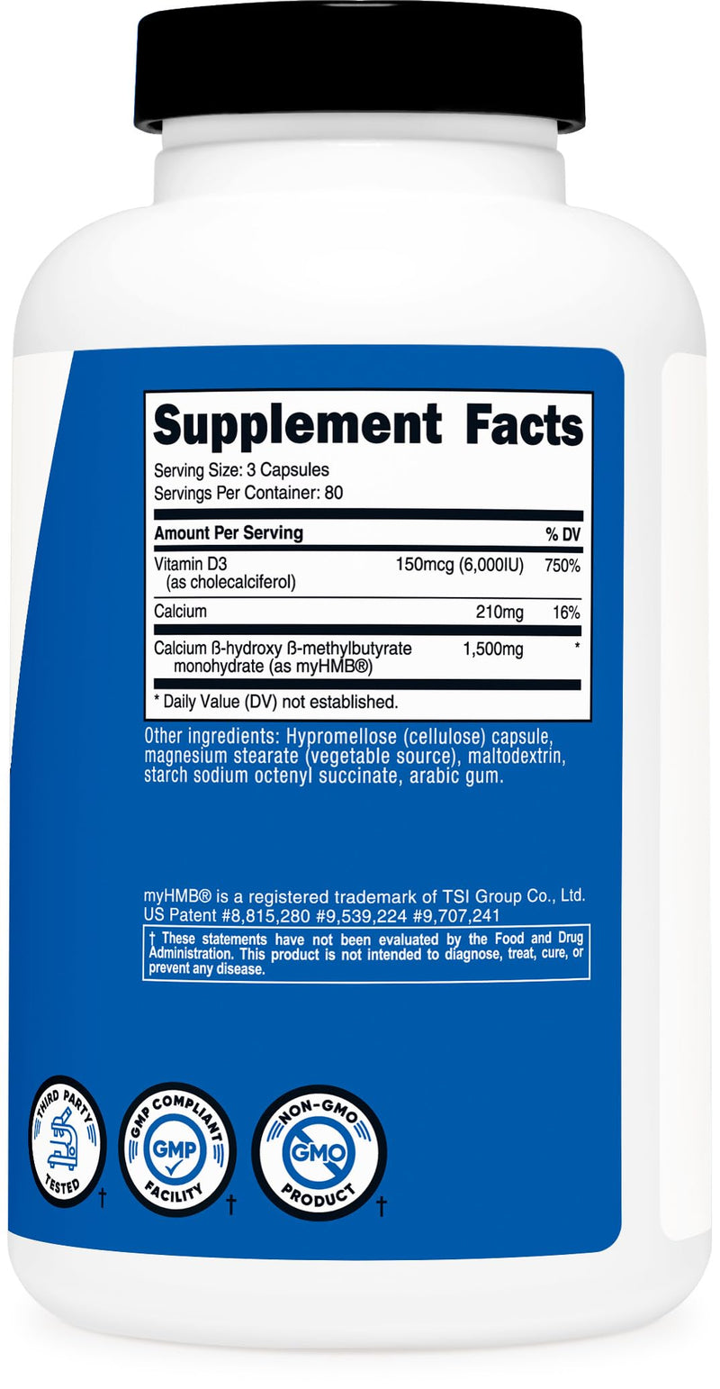 Nutricost HMB (1500mg) and Vitamin D3 (6000 IU) Supplement, 240 Capsules | 80 Servings, Gluten-Free & GMO-Free 240 Count (Pack of 1)