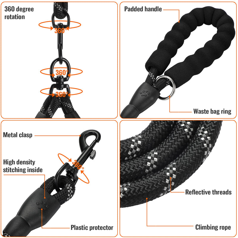 Double Dog Leash Reflective Detachable Coupler and Tangle Free, Support add to Multiple Rope Leash Control with Padded Handle for Large and Medium Dogs Walking (Classic Black, Double Leash) Classic Black - BeesActive Australia