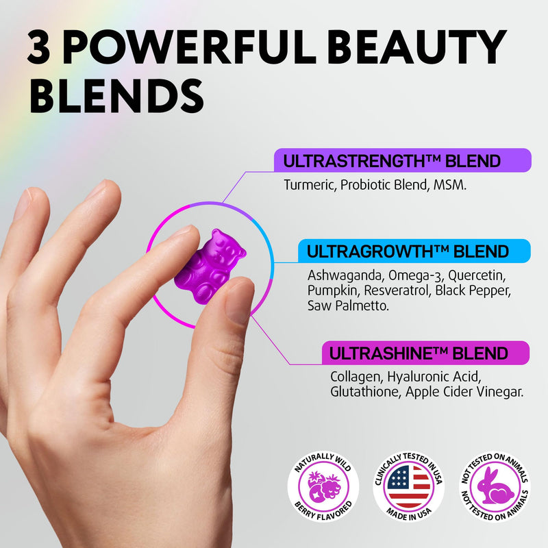 Hair Skin and Nails Gummies with Biotin Collagen Keratin Astragalus - Hair Growth Supplement & Hair Vitamins for Hair Loss for Women & Men, Hair Skin and Nails Multivitamin B7 Gummies, 60 Gummy Bears 60 Count (Pack of 1) - BeesActive Australia